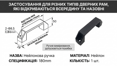 Ручка накладна промислова нейлонова (пластикова), міжосьова відстань 175 мм чорна (21142)