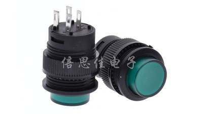 Кнопка з фіксацією R16-503BD зелена  різьбою 3A 4pin (12033)