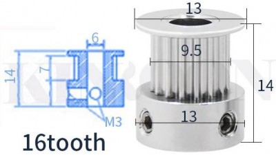 Зубчастий ролик шків ременя GT2 5мм 16-3D зубів принтера (12313)