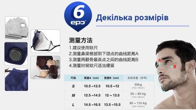 Захисна маска EPC від пилу PM2.5 з 12 фільтрами чорна S (15737)