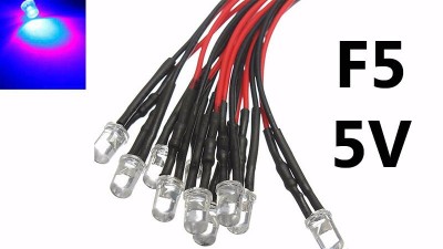 Світлодіод LED F5 5мм 5V синій з проводом 18-20см (15851)
