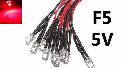 Світлодіод LED F5 5мм 5V червоний з проводом 18-20см (15853)