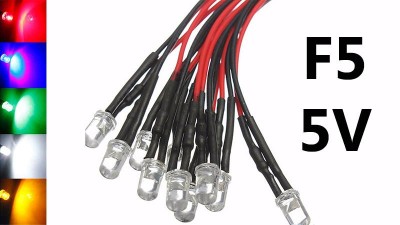 Світлодіод LED F5 5мм 5V різнокольоровий з проводом 18-20см (15855)