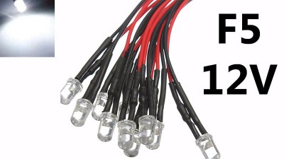 Світлодіод LED F5 5мм 12V білий з проводом 18-20см (15856)