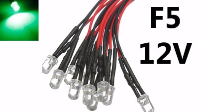 Світлодіод LED F5 5мм 12V зелений з проводом 18-20см (15859)