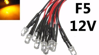 Світлодіод LED F5 5мм 12V жовтий з проводом 18-20см (15861)