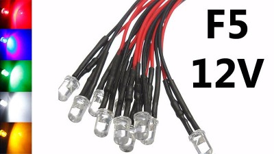 Світлодіод LED F5 5мм 12V різнокольоровий з проводом 18-20см (15862)