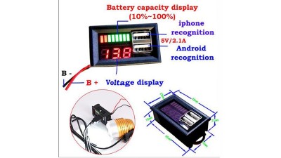 Автомобільний монтажний вольтметр-тестер з двома гніздами USB (16315)