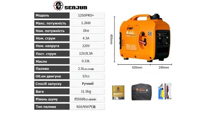 Інверторний бензиновий генератор побутовий SenJun 220V 12V 1200W (19164)