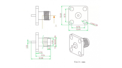 Розетка фланцева приладова SMA Female SMA-KFD-3 роз'єм гніздо монтажне прямокутне на панель 12.7*12.7 мм під 4 гвинта (20857)