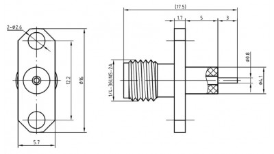 Розетка приладова фланцева SMA Female, роз'єм гніздо монтажне прямокутне на панель 16 * 5.7 мм під 2 гвинта (20761)